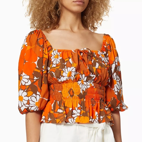 Faithfull The Brand Liberia Crepe Floral Orange Puff Sleeve Ruched Blouse Size 6 - Picture 1 of 13